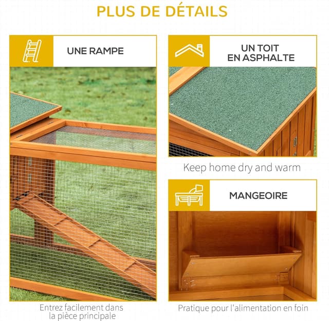 Detalle 2 de PawHut clapier en bois pour lapins à 2 étages avec toit ouvrant et tiroir à déjection