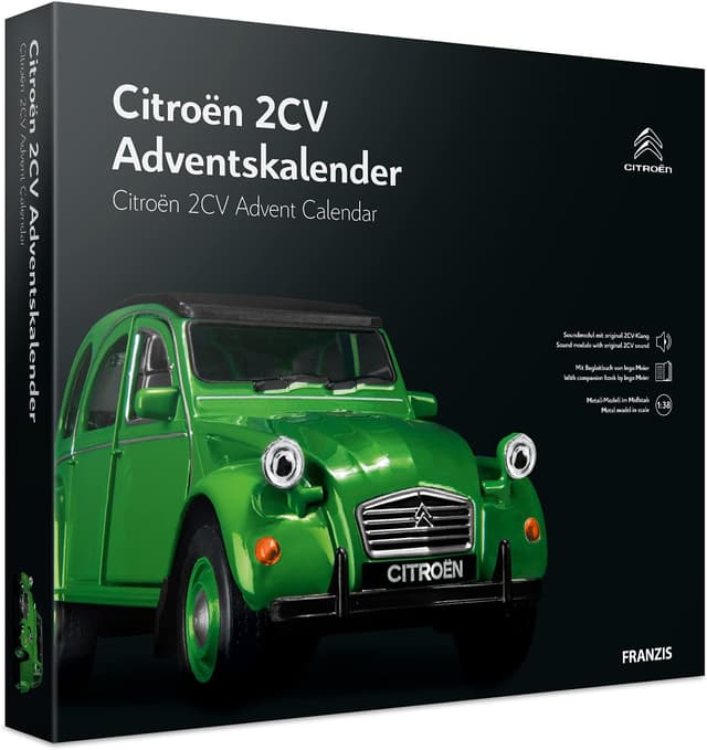 Detalle de Franzis 55154 Citroën 2CV Adventskalender grün – Metall-Modellbausatz im Maßstab 1:38 inkl. Soundmodul & Begleitbuch
