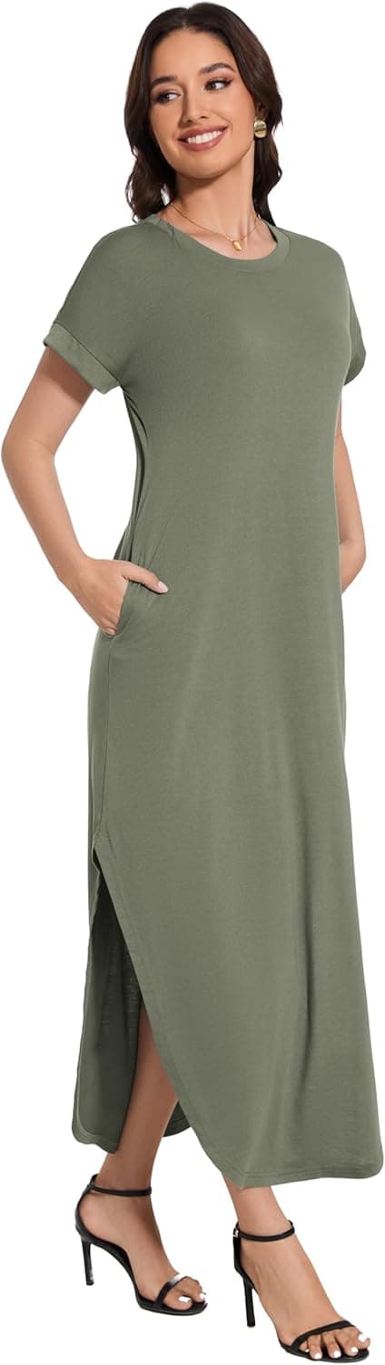 Detalle de Jeqeocafy Women’s Summer Long Sundress Crewneck Short Sleeve Maxi Dress with Pockets