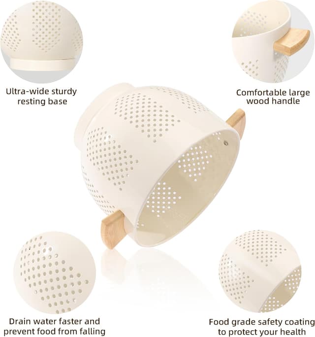 Detalle de Cream Metal Colander With Wood Handle and Stable Base, 5.5 Quart Powder Coated Steel Kitchen Strainer