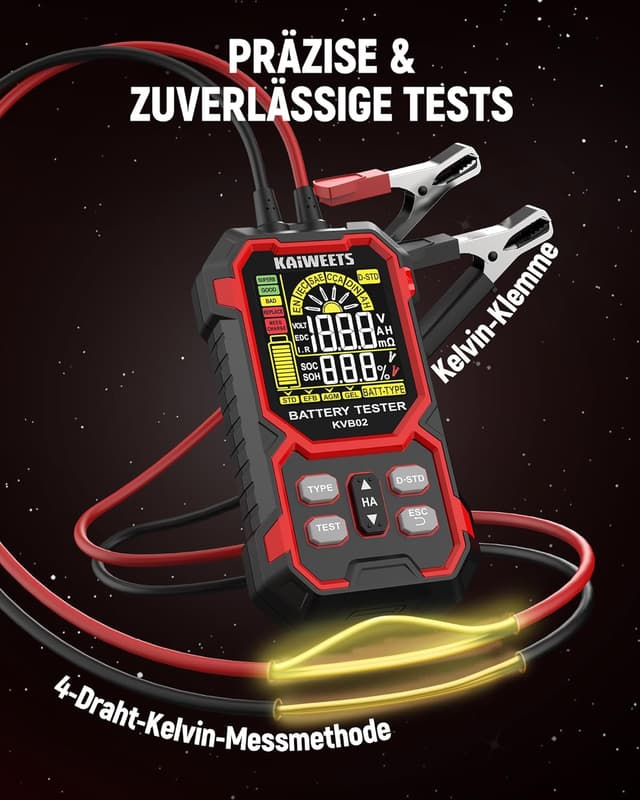 Detalle de KAIWEETS Batterietester KFZ 12V/24V digital mit Kelvin-Technologie (KFZ, SUV, Motorrad)