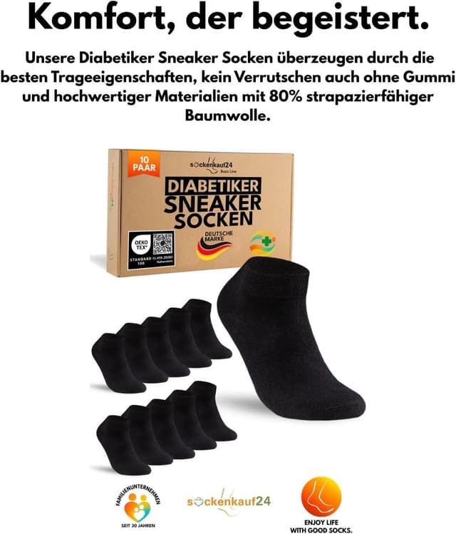 Detalle de sockenkauf24 10 Paar Diabetiker Sneaker Socken ohne Gummibund und ohne Naht (Herren & Damen)