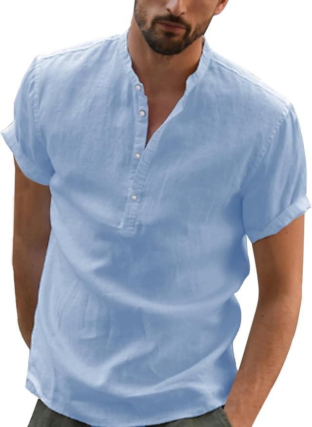 Thumbnail 6 de YAOBAOLE chemise en lin homme à manches courtes col mao (style henley) pour l’été casual
