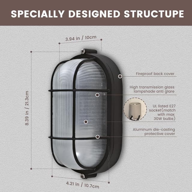 Detalle de MULANDI Nautical Bulkhead Light outdoor wall mount (30W warm white, die-cast aluminium, waterproof)