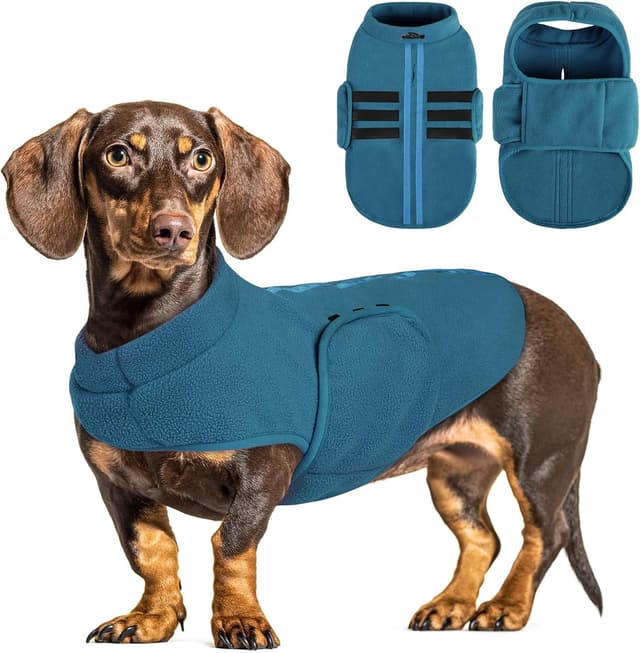 Detalle de PUZAUKAL Adjustable Dog Fleece Jumper Vest (Peacock Blue L) – warm step-in fleece coat with adjustable neck and belly