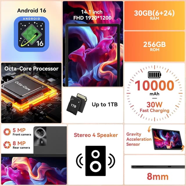 Detalle 2 de URAO Tablet 14-inch Android 15 tablet, 30GB RAM