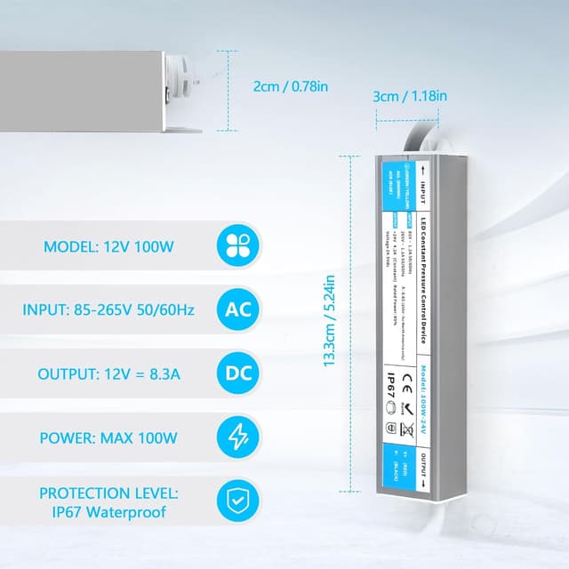 Detalle 2 de SUCIKORIO Trasformatore/LED driver impermeabile 12V 100W AC 220V→DC 12V IP67 (8,3A, ultra sottile)