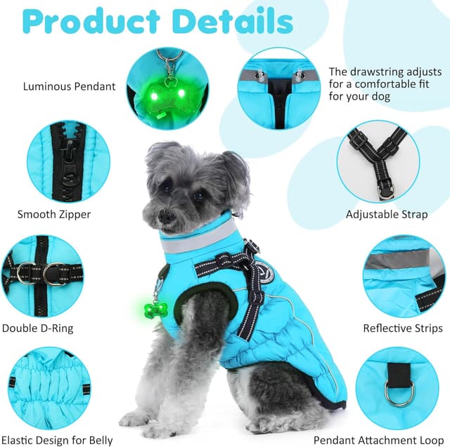 Detalle de HezzLuv Hundemantel Winter – wasserdicht & winddicht mit Geschirr und reflektierenden Streifen