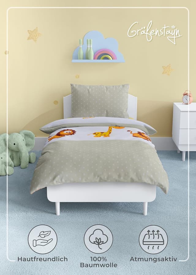 Detalle 2 de Gräfenstayn® 2-tlg. Kinderbettwäsche-Set Giraffe & Löwe, 100% Baumwolle Renforcé, mit integriertem Reißverschluss (135x100 & 60x40)