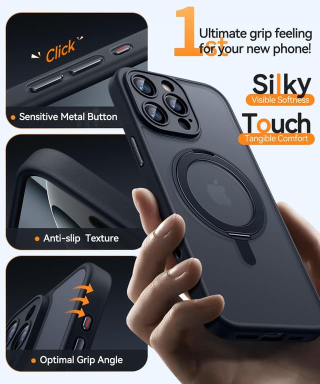 Detalle de CANSHN iPhone 16 Pro Max case with 360° magnetic stand and camera control button (6.9")