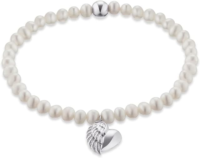 Detalle de Engelsrufer Stretch-Armband für Damen aus 925er Sterling Silber mit Süßwasser-Perlen und Herzflügel-Anhänger, nickelfrei, 17 cm