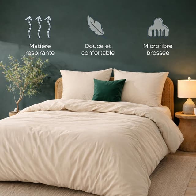 Detalle de Twinzen Parure housse de couette 200x200 beige en microfibre avec 2 taies 65x65 (certifiée Oeko-Tex)