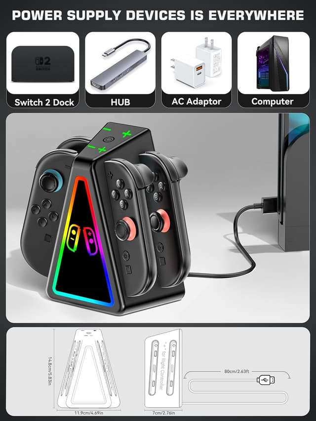 Detalle 2 de Rysker Base di Ricarica 8 in 1 magnetica per Joy-Con Switch 2 (Edition OLED) con luce RGB