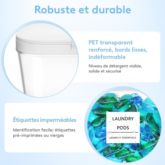 Detalle de Lifewit lot de 4 boîtes de rangement pour lessive en capsules, poudre et accessoires (contenants transparents, étiquettes et cuillères, 2700 ml)