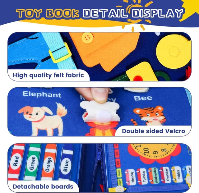 Detalle de TINIFO Busy Board Giochi Montessori in feltro blu (1 anno) – libro sensoriale interattivo portatile