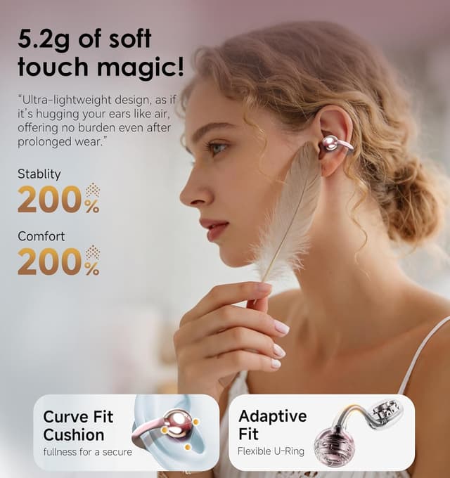 Detalle de King Lucky Open-Ear Clip-On Bluetooth-Kopfhörer mit Mikrofon, rosa – kabellos, bis zu 50 h, IPX5