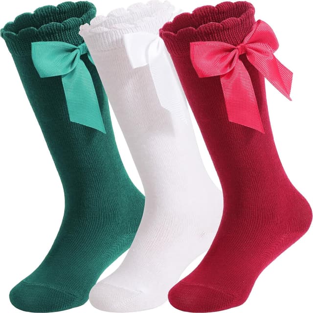 Detalle de DRESHOW – Lot de 3 paires de chaussettes hautes en coton pour bébé fille, hauteur genou avec nœud