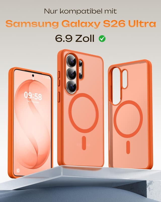 Detalle de TOCOL Hülle für Samsung Galaxy S26 Ultra (6,9 Zoll) mit integriertem Magnetring & Magsafe, stoßfest, kratzfest, matt-transluzent, Orange