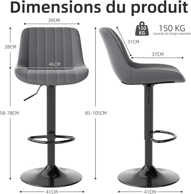 Detalle de Youhauchair Tabouret de bar pivotant réglable avec dossier (lot de 3) en simili PU gris foncé