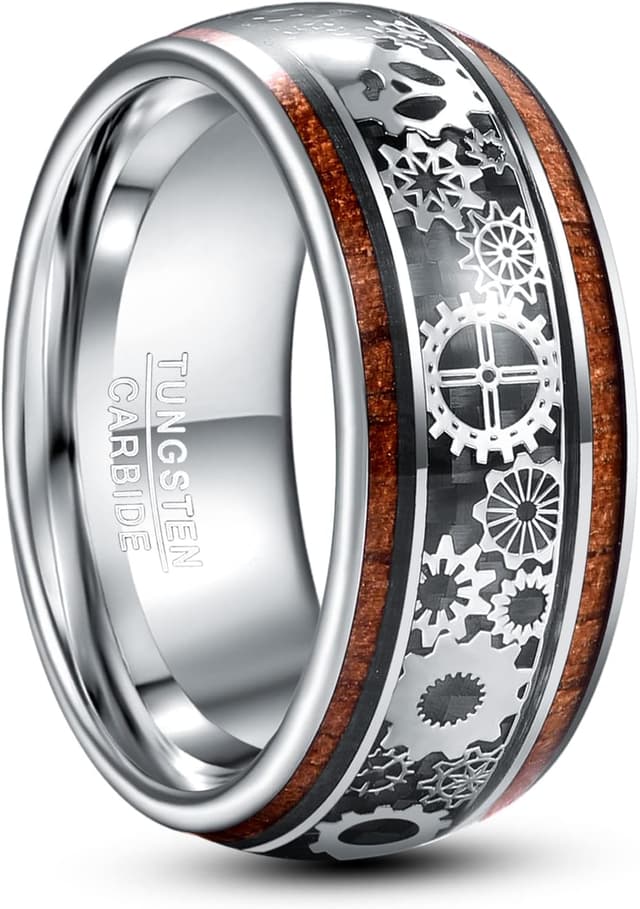 Detalle de TUNGSTORY Wolfram Ring Herren 10 mm Schwarz/Silber Steampunk Zahnräder – mit Holzoptik