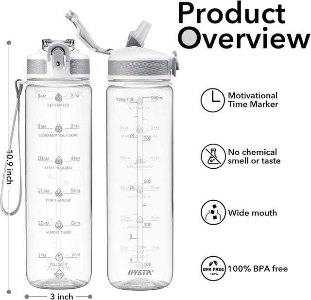 Detalle de Hyeta 32oz Motivational Water Bottle with Straw and Time Markings (Leak-proof)