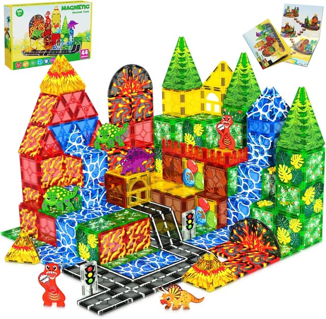 Detalle de Dinosaur Toys Magnetic Tiles Set (44 PCS) for Kids Ages 3–5 and Up — Lava Dinosaur World Magnetic Building Playset