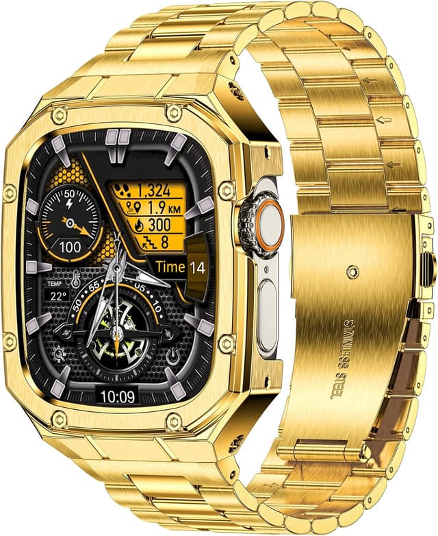 Detalle de BAITEYOU Stainless Steel Watch Band with Case for Apple Watch Ultra 1/2/3 (49mm) – Rugged Metal Bumper Strap (Gold)