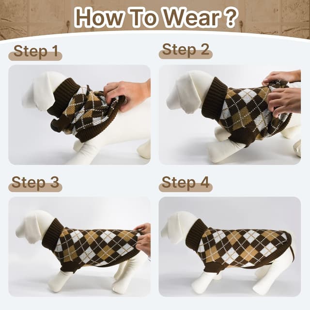 Thumbnail 6 de PawSailor Knitted Dog Jumper Turtleneck Plaid Pullover (Acrylic) – Winter Warm Coat for Medium Dogs, Brown XL