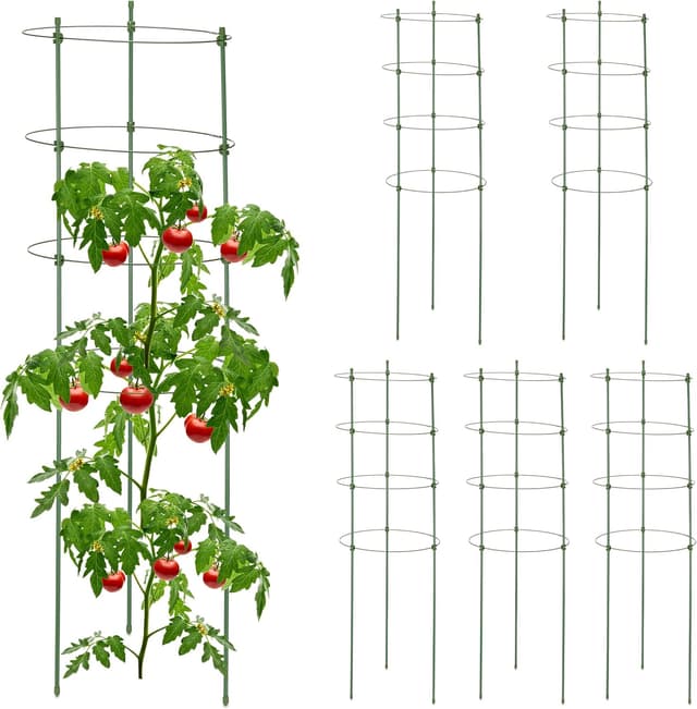 Detalle de Relaxdays : lot de 6 tuteurs à tomates avec 4 anneaux réglables, métal et plastique (90 cm)