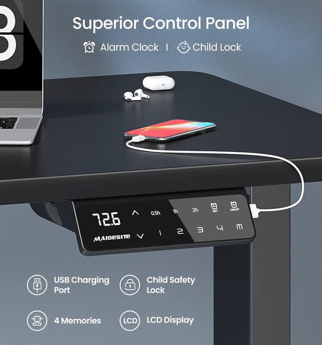 Detalle de MAIDeSITe T2 Pro Dual Motor Adjustable Height Standing Desk Frame (Black) with memory smart panel