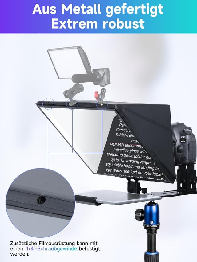 Detalle 2 de Moman MT16 Teleprompter (16 Zoll) – für iPad/Tablet/Smartphone mit App & Fernbedienung