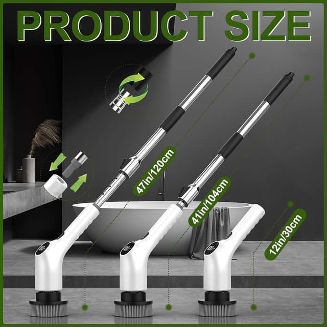 Detalle 2 de Vicmayun Elektrische Reinigungsbürste mit 7 Wechselbürsten, IPX7 & verstellbarem Griff (30–120 cm)