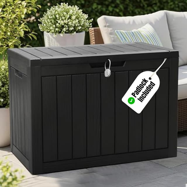 Detalle de Olsen & Smith 170L Lockable Outdoor Garden Plastic Storage Box (Small) – Weather Resistant, Wood Panel Effect (Black)