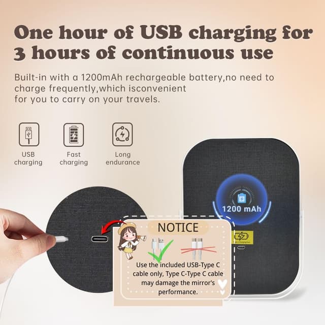 Detalle de YEKKOPT Travel Makeup Mirror with Lights — portable LED vanity mirror with touch dimmer (1200mAh battery)