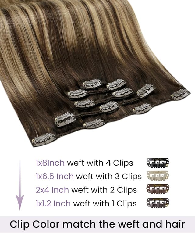 Detalle 2 de LaaVoo Clip-in Hair Extensions (Real Human Hair) Dark Brown Straight Balayage Mix, 12 Inch, #4/27/4, 80g (5pcs) — Double Weft