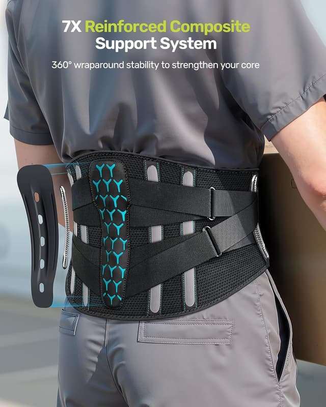 Detalle 2 de Rakiie Rückenstützgürtel mit Stützstreben, verstellbaren Zuggurten und atmungsaktivem Netzgewebe (Blau, L)