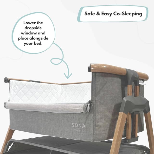 Detalle de Venture Sona Bedside Crib adjustable co‑sleeper bassinet for 0–6 months