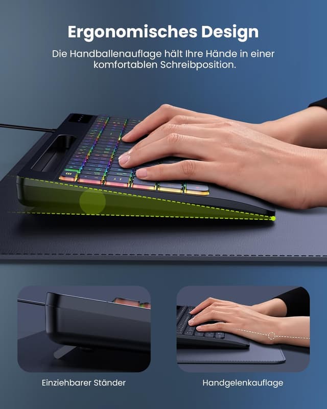 Detalle 2 de seenda KOE200 kabelgebundene beleuchtete Tastatur mit USB-A- & USB-C, ergonomisch mit Handgelenkauflage