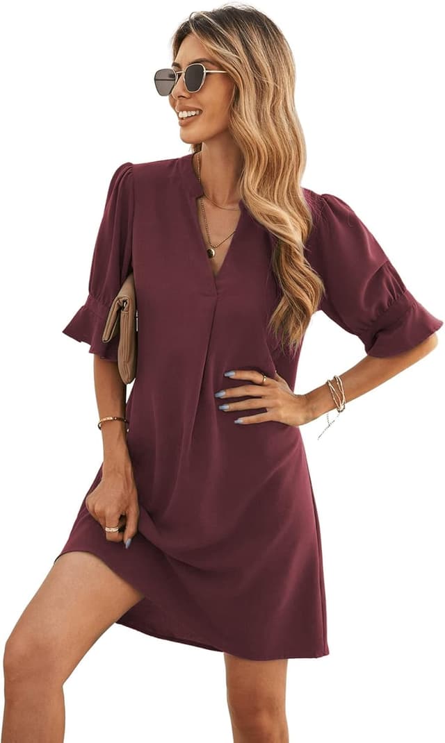 Detalle de Famulily Women’s V Neck Half Sleeve Shirt Dress midi-style casual summer dress (S–XXL)