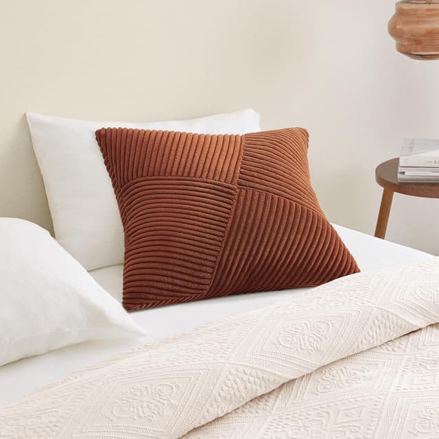 Detalle de Topfinel Kissenbezug 50x50 Herbst Karamell Orange/Rost im 2er-Set – Kordsamt mit Streifenmuster