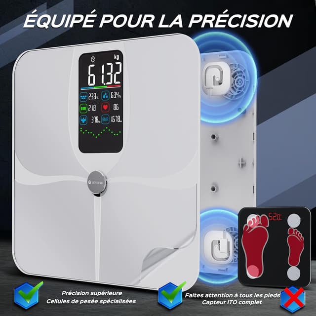Detalle de Lepulse Balance Impédancemètre Balance Intelligente Grand Écran (Fitdays, Bluetooth) : 22 mesures de composition