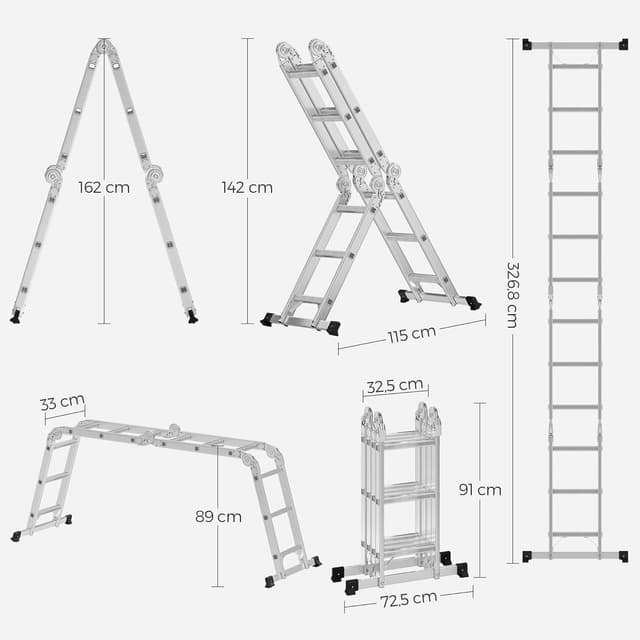 Detalle 2 de SONGMICS GLT046E01 Mehrzweckleiter aus Aluminium (4 x 4 Stufen, bis 150 kg, 16 Stufen, 6 Positionen, 430 cm, silbern)