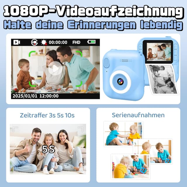 Detalle de Sofortbildkamera Kinder 1080P mit 32-GB-Karte, 2,4-Zoll-Display & Druckpapier – Geburtstags- und Weihnachtsgeschenk für 3–12 Jahre