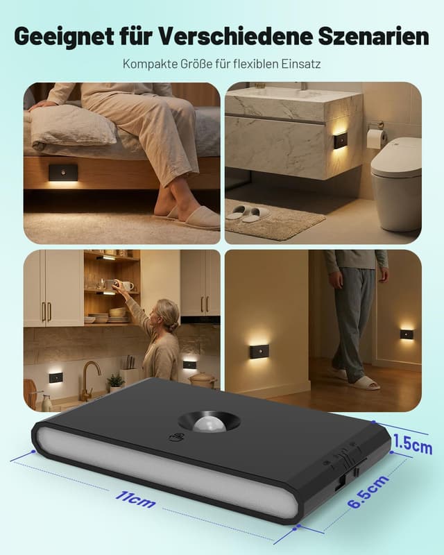 Thumbnail 6 de LED Nachtlicht mit Bewegungsmelder & Dämmerungssensor – 3 Modi, dimmbar, 3 Farbtemperaturen, wiederaufladbar (8er Set)