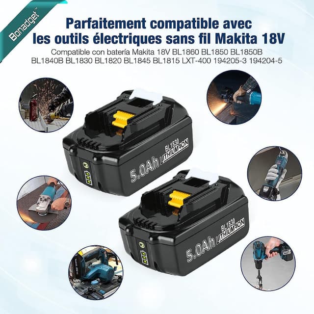 Thumbnail 6 de 4× 18V 5.000 mAh Ersatzakku für Makita BL1850/BL1860 (LED-Anzeige, passend für viele LXT-400 Werkzeugakkus)