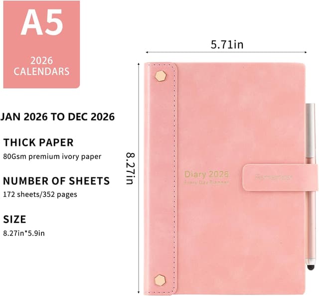 Thumbnail 3 de Mljtoyo Diary 2026 A5 Page‑a‑Day Pink