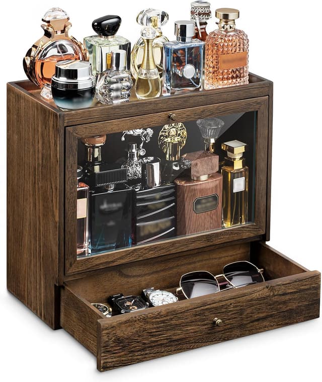 Detalle de Emfogoo Cologne Stand solid wood perfume organiser with 3 tiers, dustproof acrylic panel and drawer storage