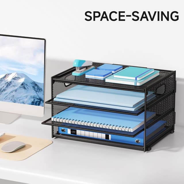 Detalle 2 de Marbrasse Organizer da ufficio a 4 livelli con cestino in rete e manico (nero)