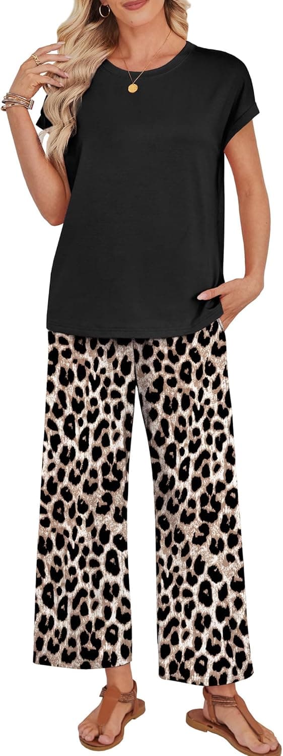 Detalle de WIHOLL Two-Piece Lounge Set for Women: Cap-Sleeve Top & Wide-Leg Pants