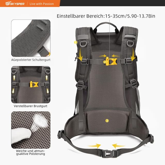 Detalle de SKYSPER Wanderrucksack 30L – Trekkingrucksack wasserfest mit Rückenbelüftung, Hüftgurt und Netzrücken